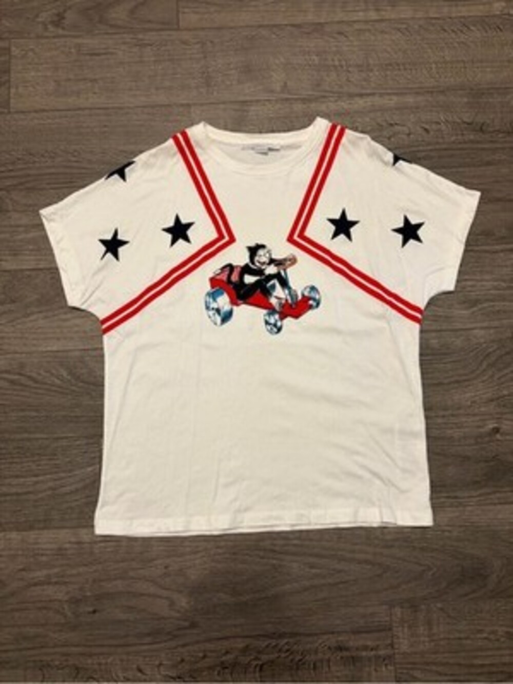Stella McCartney Vintage Graphic Tee with Stars and Red Stripes, Size 42